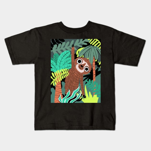 Hanging sloth in jungle Kids T-Shirt by Doodle Workshop